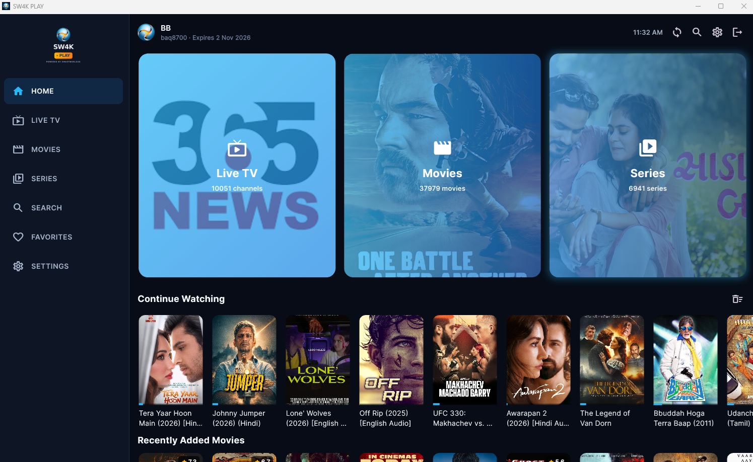 SW4K PLAY home screen with Live TV, Movies, and Series tiles and a Continue Watching row