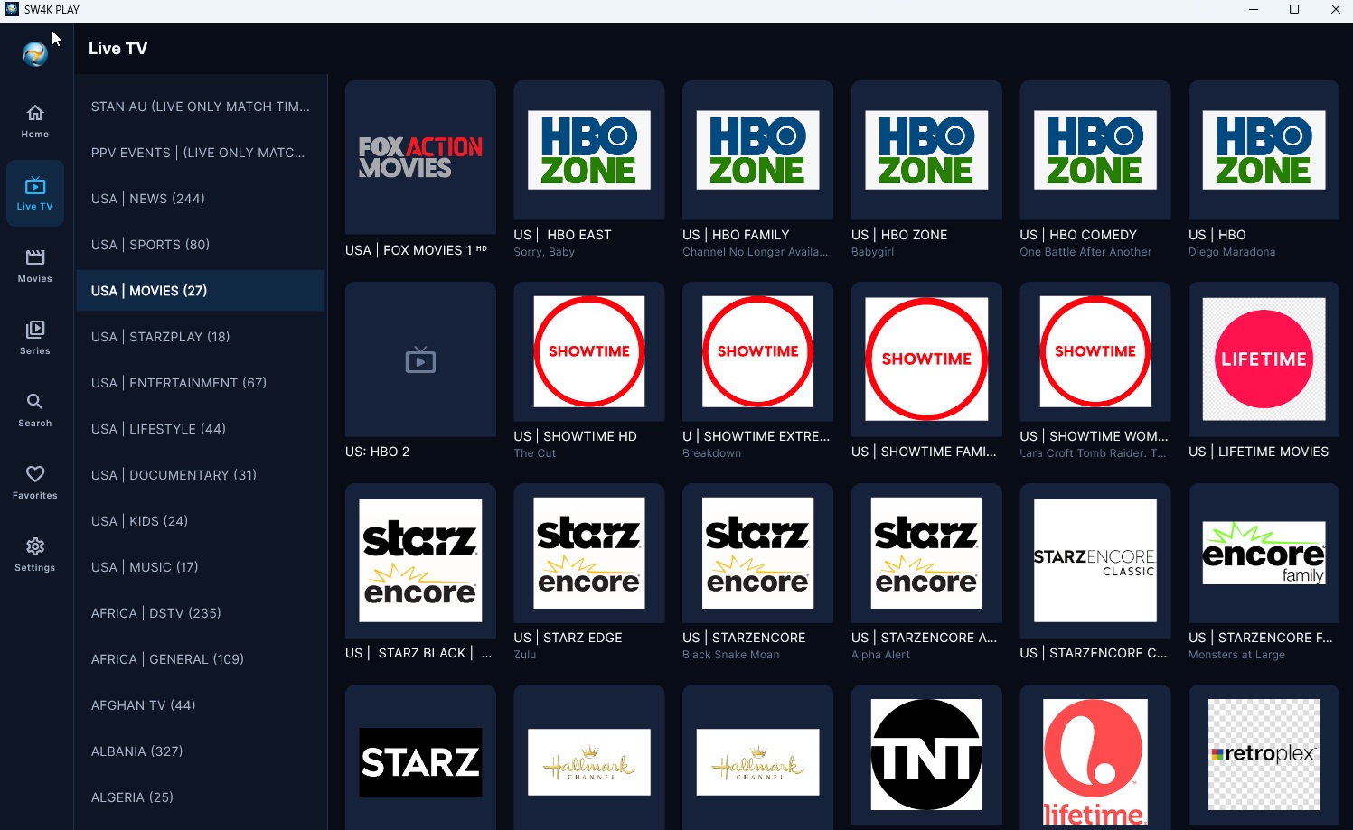 SW4K PLAY Live TV screen with category sidebar and channel grid