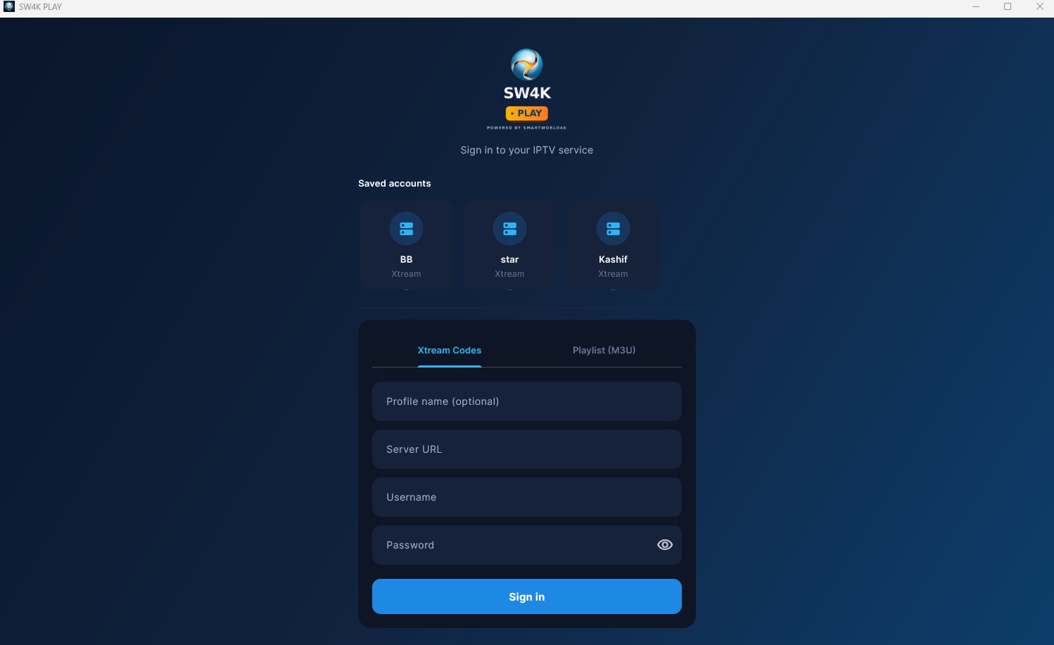 SW4K PLAY sign-in screen, showing saved accounts and Xtream Codes / Playlist (M3U) login options